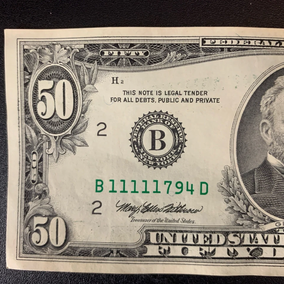 1993 $50 DOLLAR BILL SN B 11111794 D RARE Ink Bleed Through Error With 5 Ones - Image 2 of 4