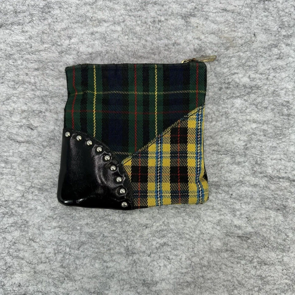 MAC Yellow Green Plaid Canvas Zip Studded Make-Up Clutch Bag Wallet Purse - Image 3 of 4