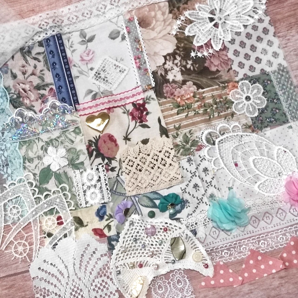 Slow stitch junk journal kit Vintage cotton lace fabric scraps Sewing Craft K#2 - Image 3 of 4