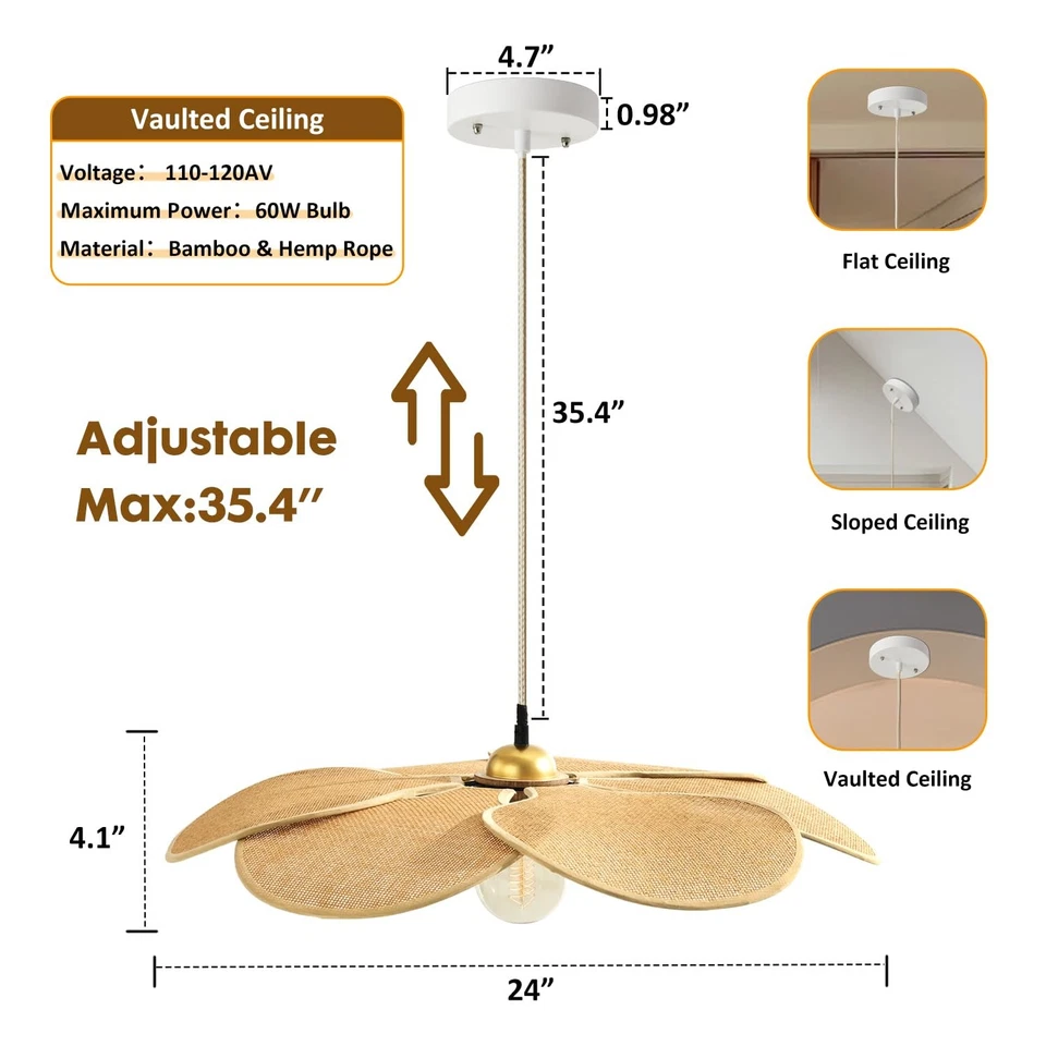 Lámpara Colgante Boho, Pantalla Tejida a Mano Flor 24 Pulgadas 5”-34.5” Ajustable... Foto 2 de 4