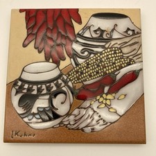 VTG Leone Kuhne Chilies Earthtones Southwestern Designer Tile Trivet Made in USA