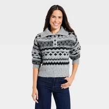 Women's Fairisle Henley Shawl Sweater - Universal Thread Dark Gray S