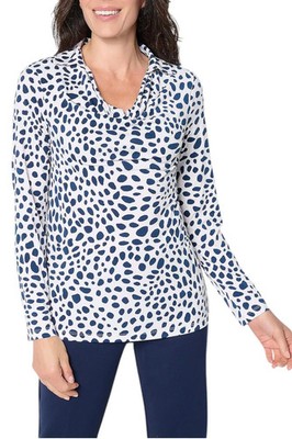 Susan Graver Printed Liquid Knit Cowl-Neck Long-Sleeve Top Ivory/Navy