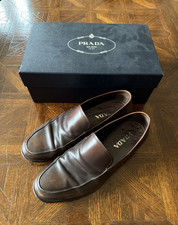PRADA Men's Brown Leather Slip-On Round Toe Dress Loafers Logo US 11