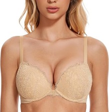 Deyllo Women's Push Up Lace Bra 32C Nude Padded Underwire Full Coverage Bra New