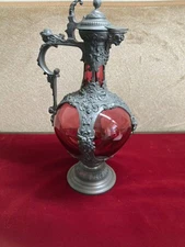 Antique ornate pewter over glass wine jug decanter 10.6inch