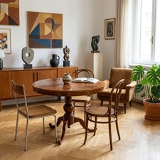 Tavolo Tondo Emiliano in Noce Piano Intarsiato Geometrico XIX Secolo Originale
