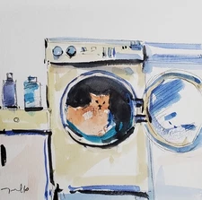 Jose Trujillo Fine Art PRINT 16x16 Collectible Artist Painting Cat Laundry