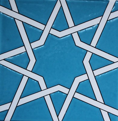 8''x8'' (20cmx20cm) Iznik Raised Turquoise & White Geometric Pattern Ceramic Tile