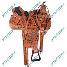 Floral Hand Caved Western Leather Barrel Saddle Horse Trail Tack Set 10"-18" F/s