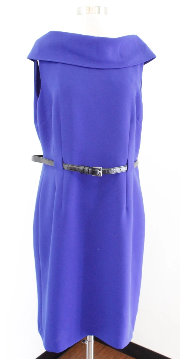 Tahari ASL Levine Royal Blue Foldover Collar Belted Sheath Dress Size 16  Career