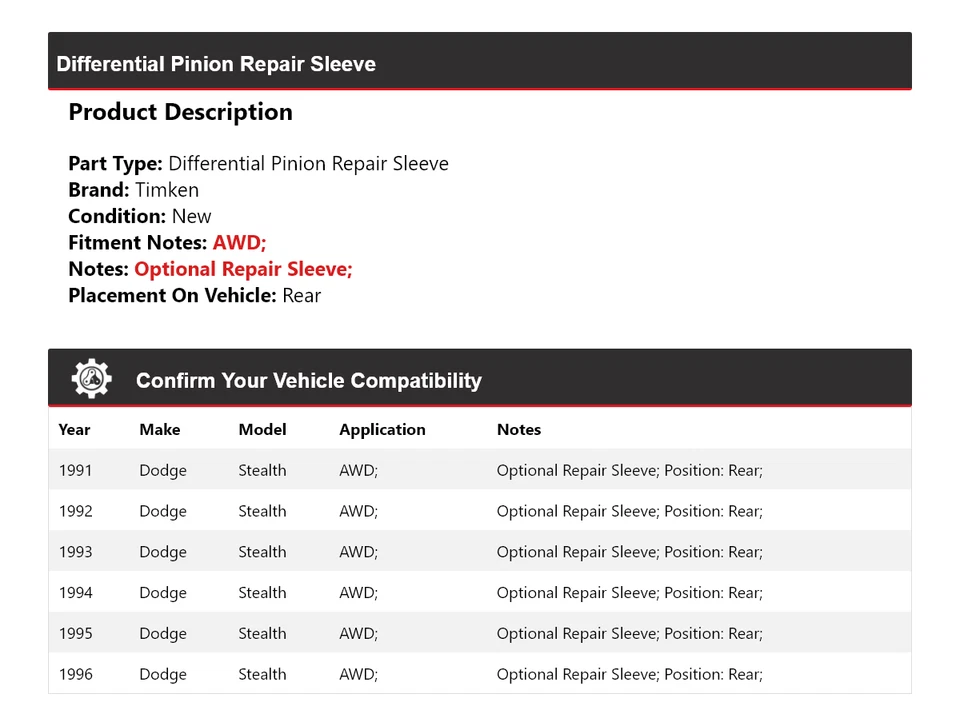 Para 1991-1996 Dodge Stealth AWD diferencial pinhão manga de reparo traseira Timken - Imagem 2 de 4