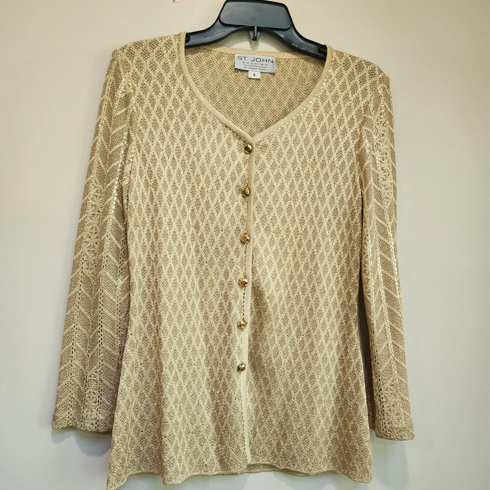 ST. JOHN 2 Pcs Jacket and Skirt S4 Knit Gold Shimmer Sequins Studs Throughout  - Image 2 of 4