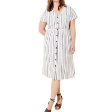 Loft Women’s White Blue Striped Linen Blend V-Neck SS Midi Shirt Dress Sz 16