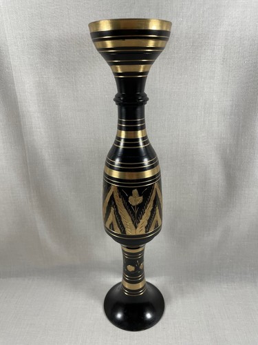 Portacandele vintage in ottone inciso colore nero e oro alto 11''