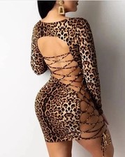 SALES Brown Black Animal Print Long Sleeve Bodycon Mini Dress Party UK Size 10