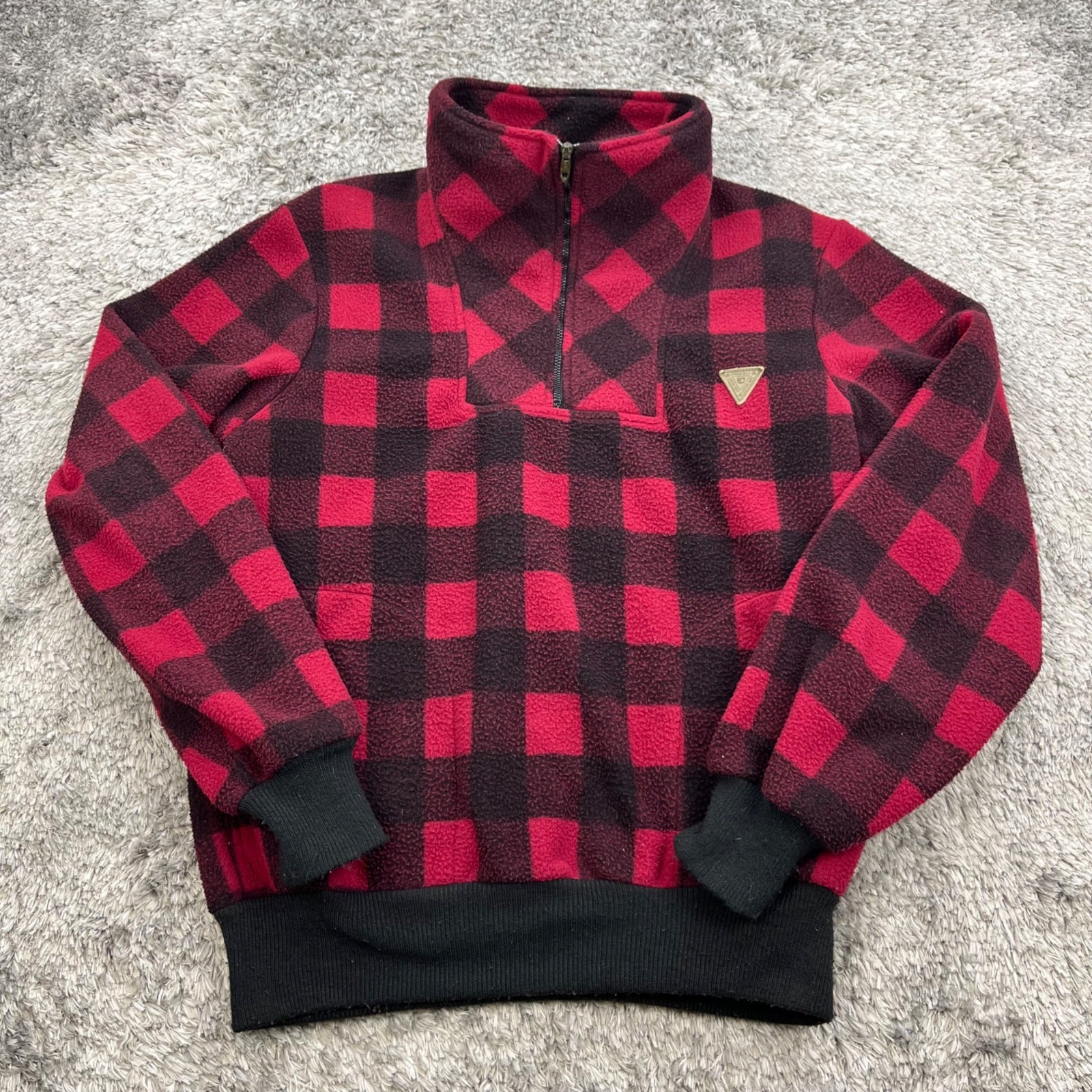 Union Bay Jacket Men Large Red Buffalo Plaid 1/4 Zip Pullover Flannel Vtg 90s