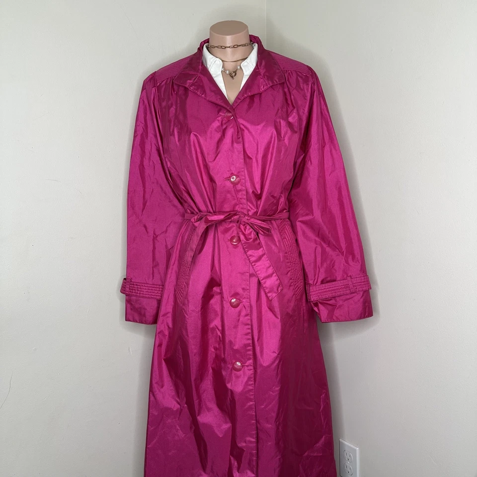 Vintage 80s Hot Pink Long Rain Trench Coat Size 10 - Image 2 of 4
