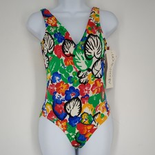 Vintage 80  s Women  s One Piece Swimsuit Shiny Nylon Floral 16 New With Tags NOS