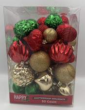 50-Count Christmas Shatterproof Ornaments- Red, Green  Gold Happy Holidays