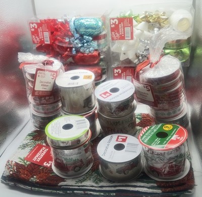 Lot Of Christmas Holiday Themes Bows And Ribbons And 2 Placemats 67 Items Total