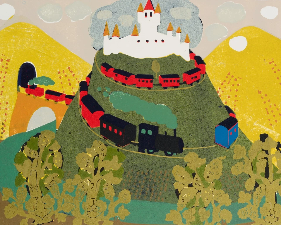 I. JÖRG (*1935), Moselbahn des Freiherrn von Landenberg, Farblinolschnitt - Bild 3 von 4