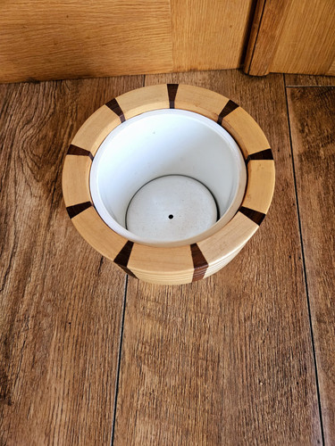 Vintage LANCROFT laminowane 2-kolorowe drewniane wiadro na lód treen z wkładką domowy bar - Zdjęcie 8 z 11