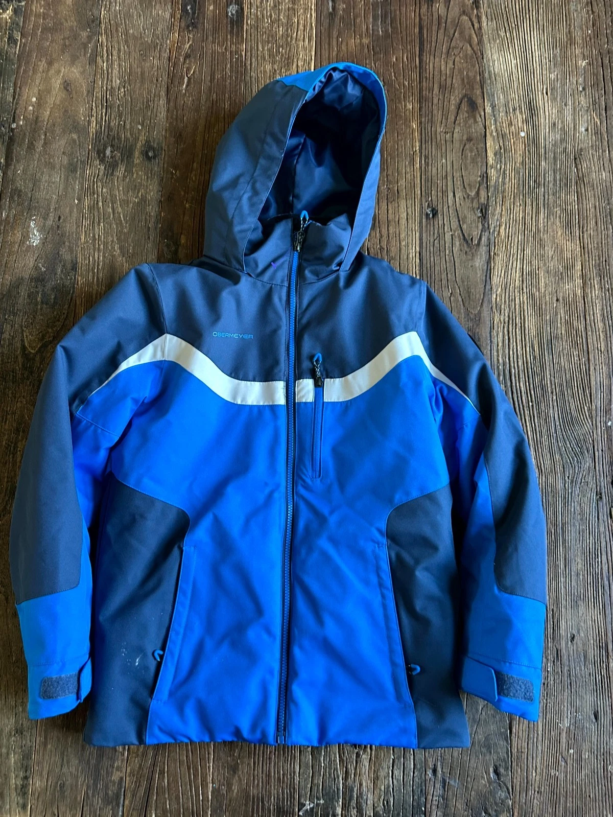 Obermeyer Fleet Jacket Boys L (14-16) Blue Hooded Winter Ski Outdoor Full Zip