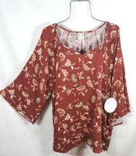 Naif Women’s Blouse 2X Fall Autumn Floral Round Slit Neck 3/4 Sleeve Top NWT