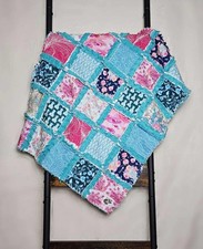 New Handmade Pink  Blue Peacock Minky Rag Quilt, Carseat, Stroller Blanket