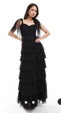 ASOS Tiered Dress Lace & Beads Bow Shoulder Tulle Maxi Gown Black Sz 10 Formal