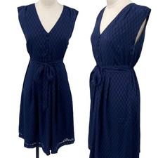 Modcloth Fit & Flare Shirt Dress Belted Geometric Pattern V Neck Navy Blue Small