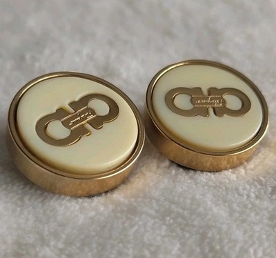 Vintage Authentic Salvatore Ferragamo Clip Earrings Gancini Logo Golden Round 