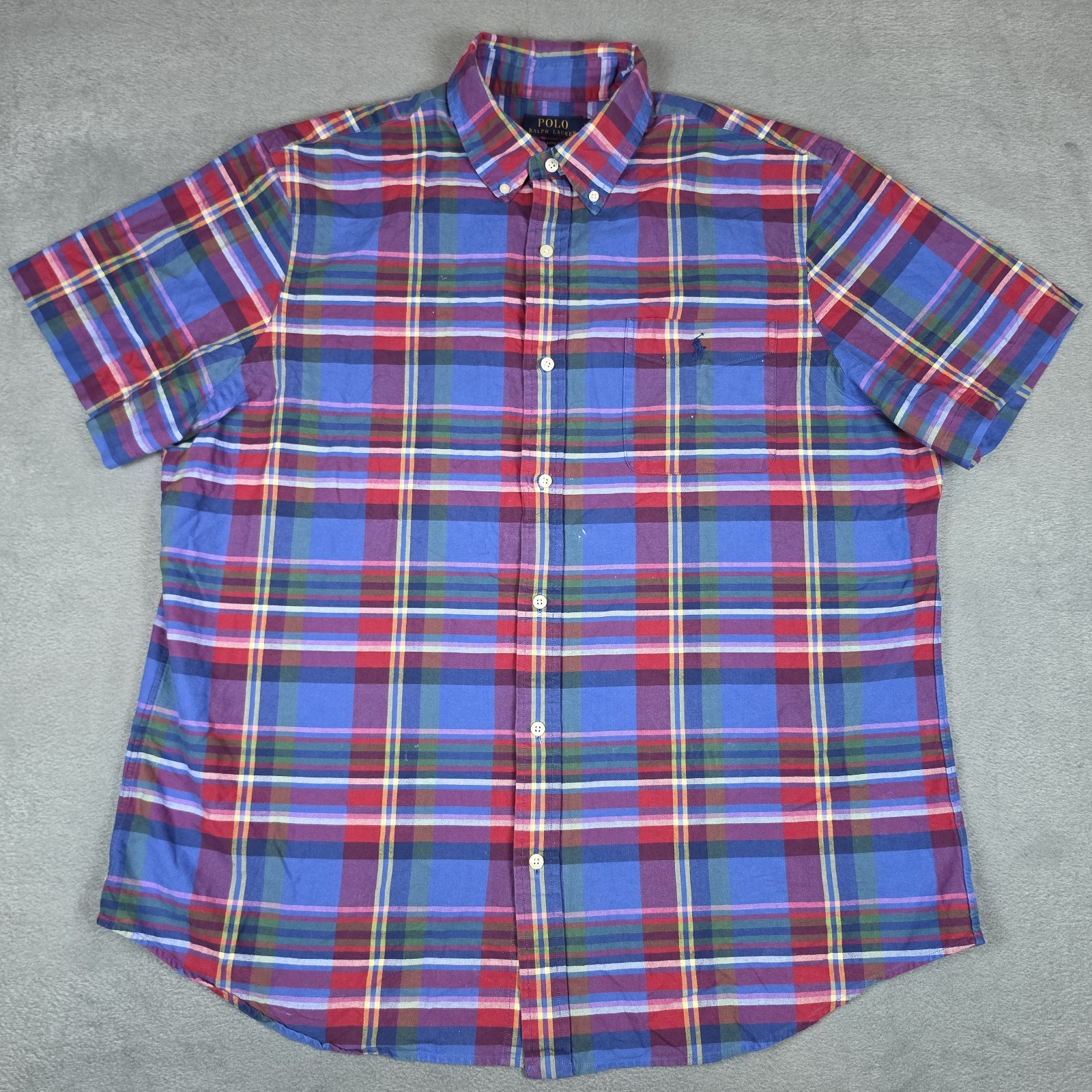 Polo Ralph Lauren Button Down Shirt Men XL Blue Green Plaid Blake Short Sleeve