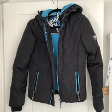 Superdry Puffer Jacket Size small Black Polar Sport Hooded Fleece Lined Winter