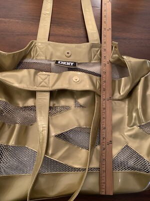 DKNY Donna Karan New York Vintage Gold Vinyl And Gold Mesh Bag Beach Carryall