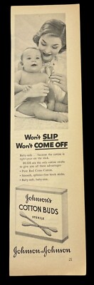 Johnson & Johnson Cotton Buds Vintage Print Ad 1950s Baby Care