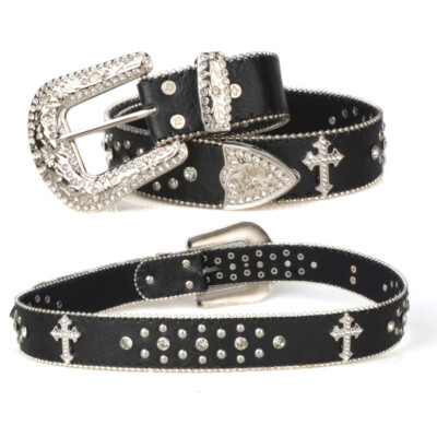 Women's Black Cross Rhinestone Western Bling Leather Belt