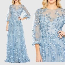 Mac Duggal 79399 Size 4 Blue Floral Embroidered Puff Sleeve A-Line Gown Dress