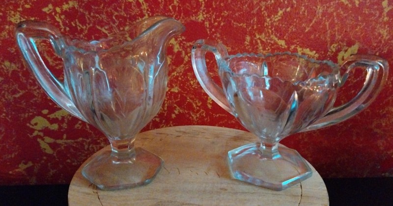 Set of 2 Vintage Crystal Clear Cut Glass Etched Flowers Creamer & Sugar Bowl