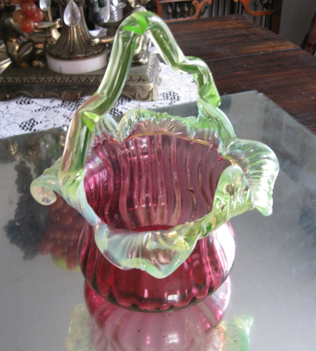 FABULOUS LARGE VICTORIAN ANTIQUE CRANBERRY OPAL VASELINE GLASS 
