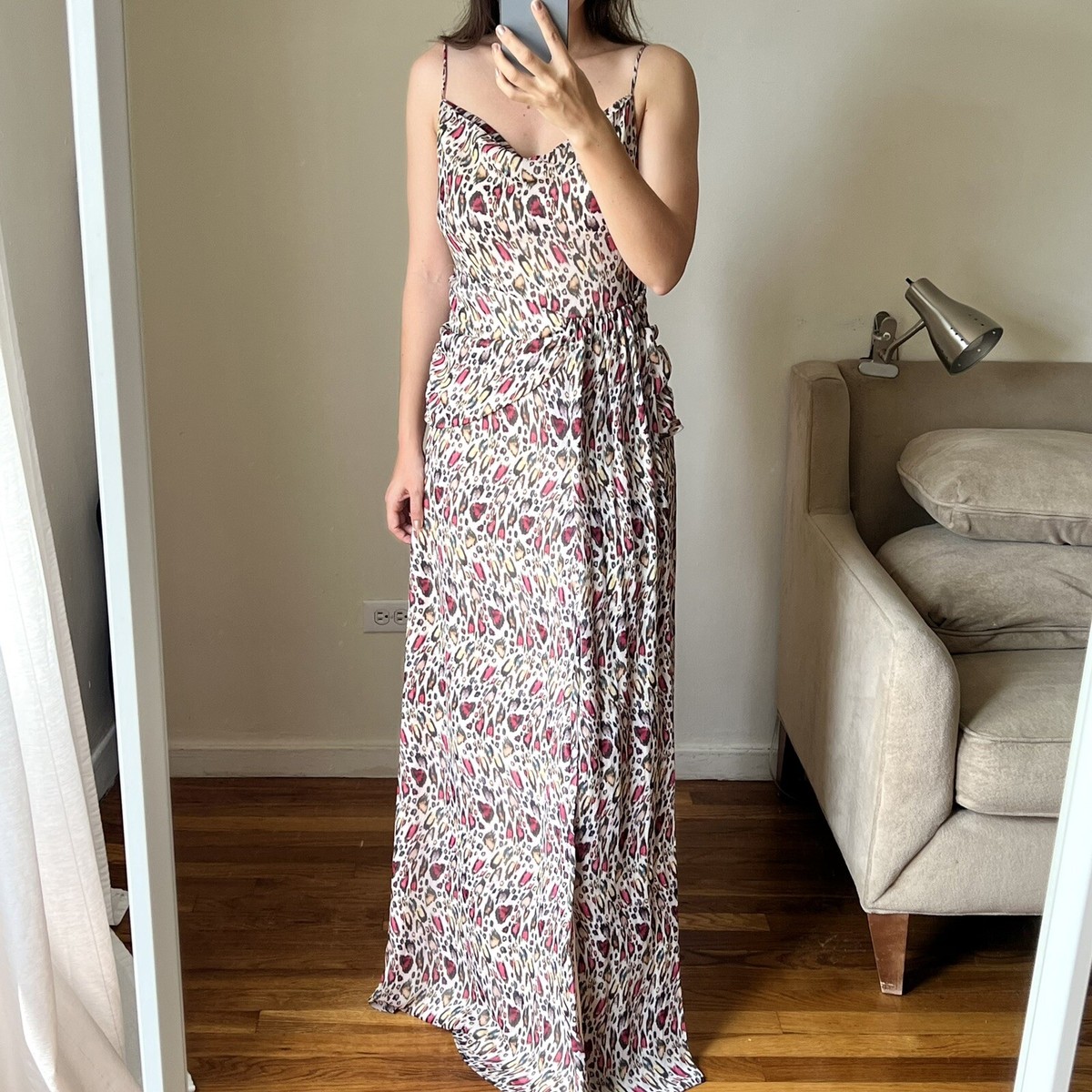 chinese dress ladies MAJORELLE Brown Dot Linen Blend Maxi Dress UK XXS  Reliked