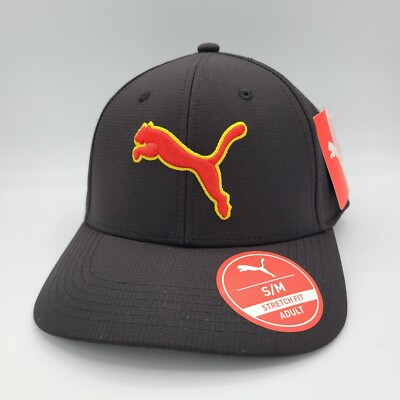 PUMA Hat Baseball Cap Blac Red Cat Gold Thread Logo Stretch Fit S/M Golf Run