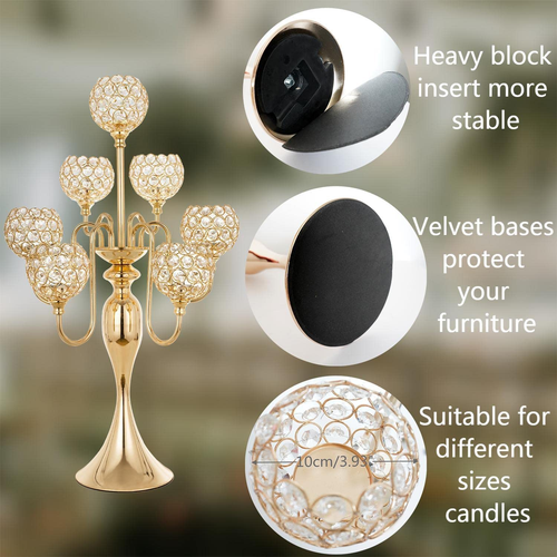 Gold Candelabra with Crystal for Table Top Centerpiece, 7 Arms 27.1 Inch Tall Ch - Picture 4 of 8
