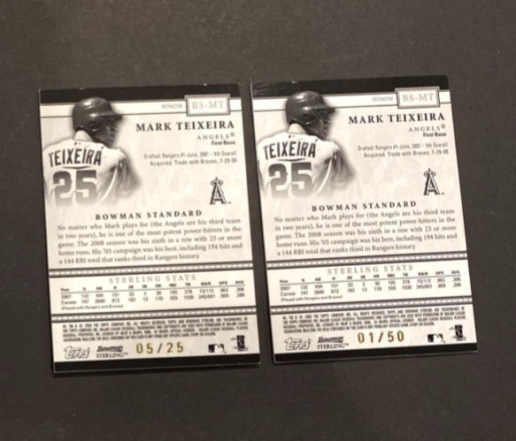 Bowman Sterling Mark Teixeira 2008 murciélago dorado 01/50 negro 05/25 refractor lote de 2 Foto 2 de 2
