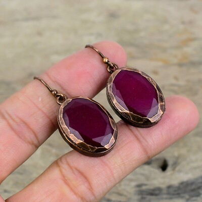 Natural Kashmir Rubi Copper Bezel Dangle Electroformed Daughter Earrings Jewelry