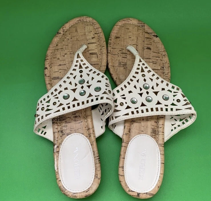 Merona Mujer Sandalias Tanga Blancas Talla 9 Geométricas Imitación Cuero Foto 3 de 4