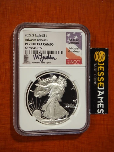 2022 S PROOF SILVER EAGLE NGC PF70 MICHAEL GAUDIOSO SIGNED ADVANCE RELEASES