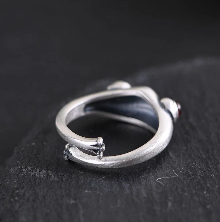 I05 Anello Argento 925 Rana Occhi Di Rosso Cristalli Zirconi Misura Regolabile - Immagine 4 di 4
