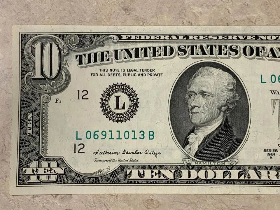 1981 A $10 FRN Boldly Misaligned Reverse ERROR AU+ Condition SKU# 34838 - Image 2 of 4